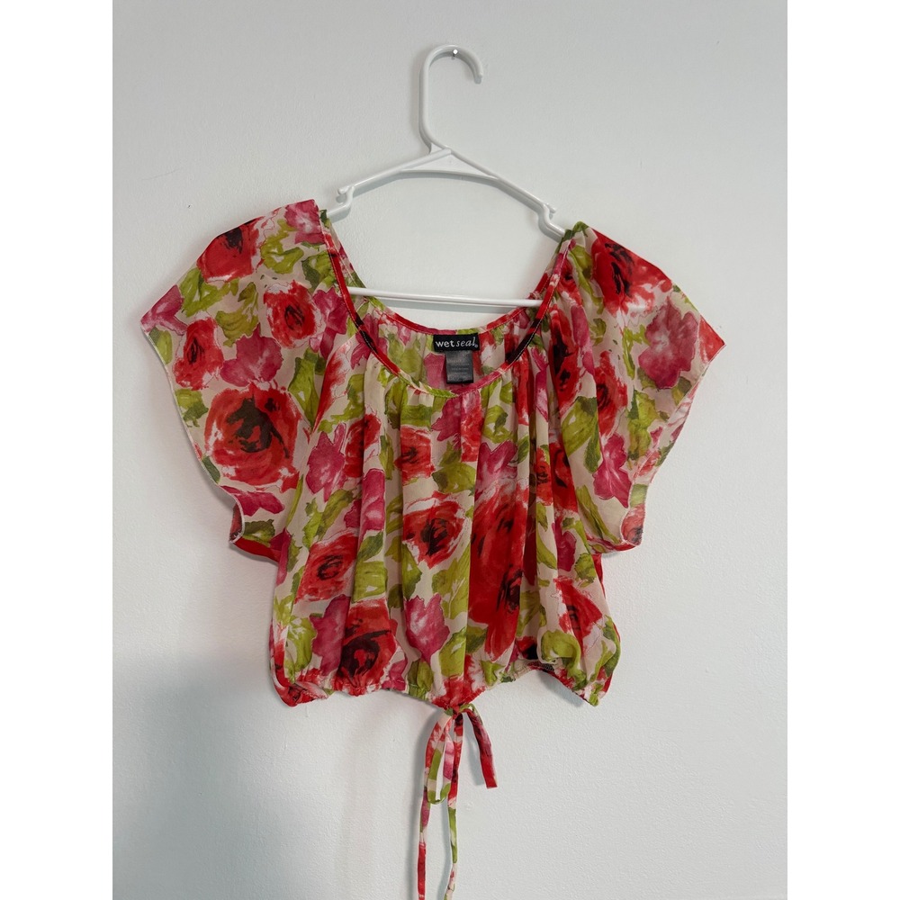 Wet Seal Y2K Floral Crop Top Red Pink Rose Sheer Flutter Sleeve Tie Hem Blouse L - Picture 2 of 5